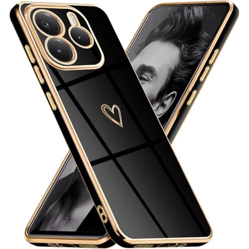 Mkej Glitzernde Handyhülle Für Xiaomi Redmi Note 14 5G Hülle mit Kameraobjektivschutz, Herz Love Design Galvanik Stoßfeste Dünne TPU Silikon Schutzhülle für Xiaomi Redmi Note 14 5G, Schwarz Gold von Mkej