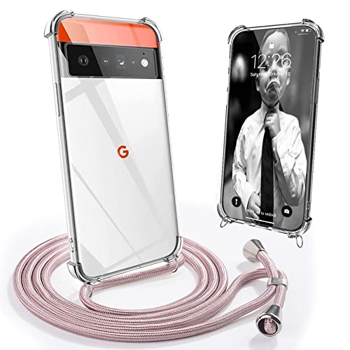 Mkej Handykette Hülle kompatibel mit Google Pixel 6 Pro Handyhülle Durchsichtig TPU Silikon Smartphone Necklace Hülle mit Band - Handyhülle Case mit Kette zum umhängen, Roségold von Mkej