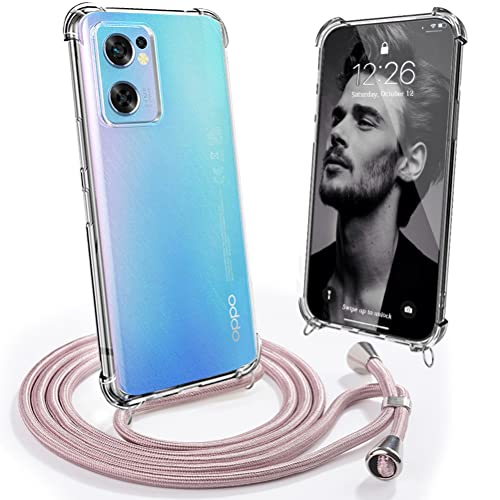 Mkej Handykette Kompatibel mit Oppo Find X5 Lite 5G - Silikon Hülle mit Band - Handyhülle mit Band für Oppo Find X5 Lite 5G - Transparent Case mit Schnur - Schutzhülle mit Kordel in Roségold von Mkej