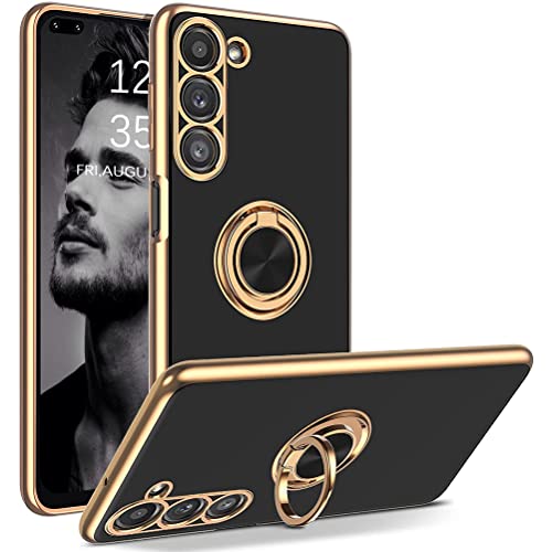 Mkej Hülle Für Samsung Galaxy S23 Hülle, 360 Grad Metal Ringhalter Magnetische Ständer Handyhülle Weiche Dünn Stoßfest Kratzfest Silikon Schutzhülle für Samsung S23 5G - Schwarzes Gold von Mkej