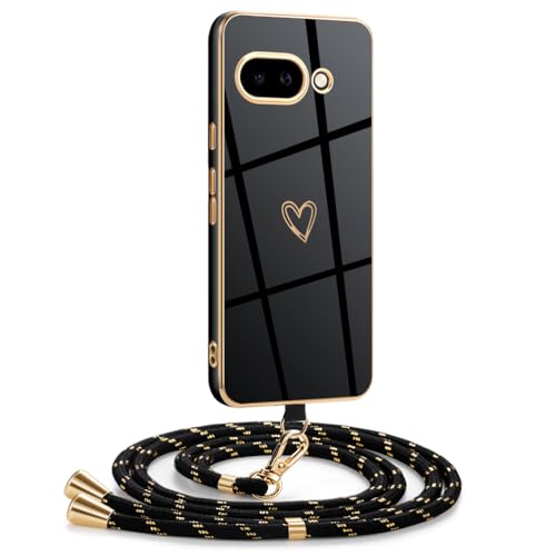Mkej Hülle Kompatibel mit Google Pixel 9A Hülle mit Band, Galvanik Silicone Handyhülle mit Herz Love Design, Abnehmbar und einstellbar Handykette für Google Pixel 9A - Case in Schwarzes Gold Mkej Hülle Kompatibel mit Google Pixel 9A Hülle mit Band, Galvanik Silicone Handyhülle mit Herz Love Design, Abnehmbar und einstellbar Handykette für Google Pixel 9A - Case in Schwarzes Gold von Mkej