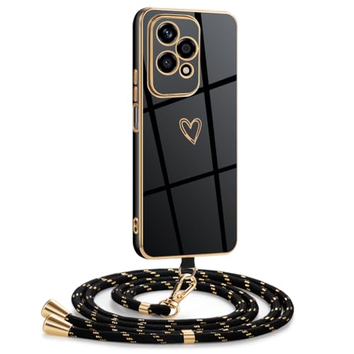 Mkej Hülle Kompatibel mit Honor 200 Lite Hülle mit Band, Galvanik Silicone Handyhülle mit Herz Love Design, Abnehmbar und einstellbar Handykette für Honor 200 Lite - Case in Schwarzes Gold von Mkej