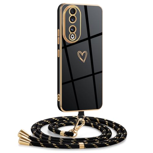 Mkej Hülle Kompatibel mit Honor 90 Hülle mit Band, Galvanik Silicone Handyhülle mit Herz Love Design, Abnehmbar und einstellbar Handykette für Honor 90 - Case in Schwarzes Gold Mkej Hülle Kompatibel mit Honor 90 Hülle mit Band, Galvanik Silicone Handyhülle mit Herz Love Design, Abnehmbar und einstellbar Handykette für Honor 90 - Case in Schwarzes Gold von Mkej