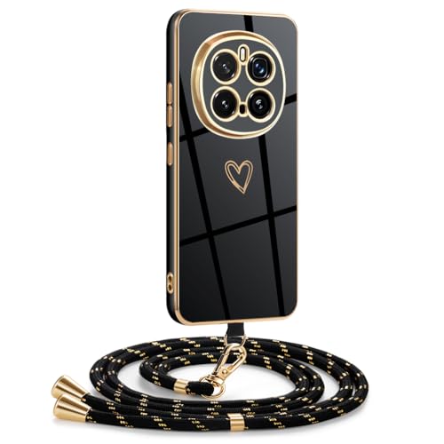 Mkej Hülle Kompatibel mit Honor Magic 7 Pro Hülle mit Band, Galvanik Silicone Handyhülle mit Herz Love Design, Abnehmbar und einstellbar Handykette für Honor Magic 7 Pro - Case in Schwarzes Gold von Mkej