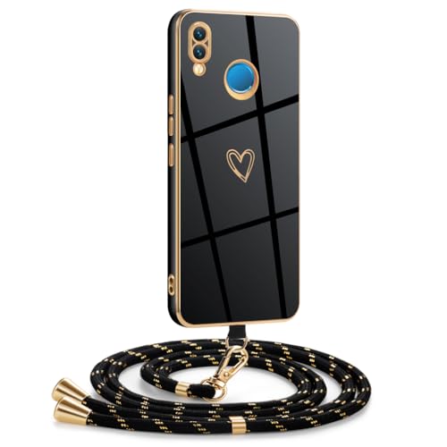 Mkej Hülle Kompatibel mit Huawei P20 Lite Hülle mit Band, Galvanik Silicone Handyhülle mit Herz Love Design, Abnehmbar und einstellbar Handykette für Huawei P20 Lite - Case in Schwarzes Gold Mkej Hülle Kompatibel mit Huawei P20 Lite Hülle mit Band, Galvanik Silicone Handyhülle mit Herz Love Design, Abnehmbar und einstellbar Handykette für Huawei P20 Lite - Case in Schwarzes Gold von Mkej