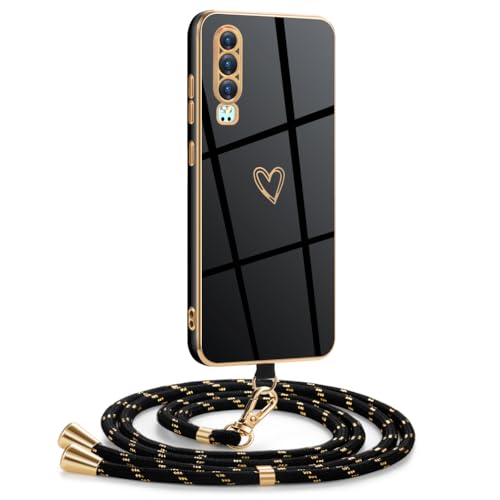 Mkej Hülle Kompatibel mit Huawei P30 Hülle mit Band, Galvanik Silicone Handyhülle mit Herz Love Design, Abnehmbar und einstellbar Handykette für Huawei P30 - Case in Schwarzes Gold Mkej Hülle Kompatibel mit Huawei P30 Hülle mit Band, Galvanik Silicone Handyhülle mit Herz Love Design, Abnehmbar und einstellbar Handykette für Huawei P30 - Case in Schwarzes Gold von Mkej