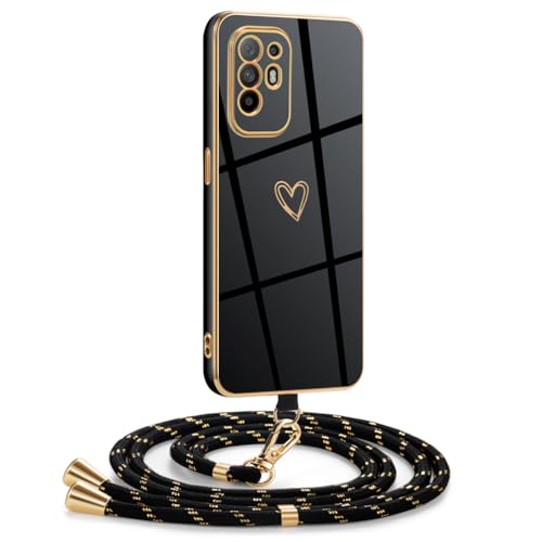 Mkej Hülle Kompatibel mit Oppo A94 5G Hülle mit Band, Galvanik Silicone Handyhülle mit Herz Love Design, Abnehmbar und einstellbar Handykette für Oppo A94 5G - Case in Schwarzes Gold von Mkej