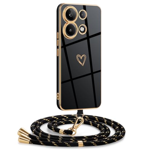 Mkej Hülle Kompatibel mit Xiaomi Redmi Note 13 4G Hülle mit Band, Galvanik Silicone Handyhülle mit Herz Love Design, Abnehmbar und einstellbar Handykette für Redmi Note 13 4G - Case in Schwarzes Gold Mkej Hülle Kompatibel mit Xiaomi Redmi Note 13 4G Hülle mit Band, Galvanik Silicone Handyhülle mit Herz Love Design, Abnehmbar und einstellbar Handykette für Redmi Note 13 4G - Case in Schwarzes Gold von Mkej
