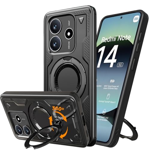 Mkej Hülle für Xiaomi Redmi Note 14 5G mit 360° Drehbarer Metal Ring Ständer Handyhülle [Unsichtbarer Ständer] [Militärschutz] Stoßfeste Weiche TPU Rand Case für Xiaomi Redmi Note 14 5G, Schwarz von Mkej
