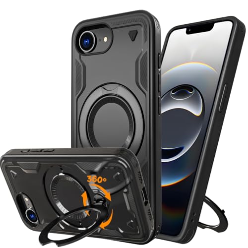 Mkej Hülle für iPhone 16E mit 360° Drehbarer Metal Ring Ständer Handyhülle [Unsichtbarer Ständer] [Militärschutz] Stoßfeste Weiche TPU Rand Case für iPhone 16E, Schwarz von Mkej