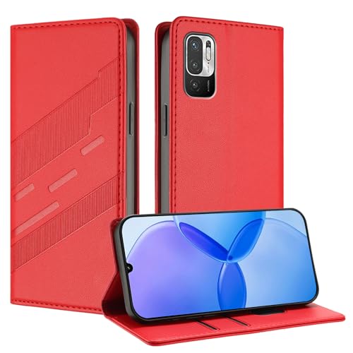 Mldjomid Handyhülle für Xiaomi Redmi 10 4G 2021/ Red Mi 10 2022 PU Lederhülle Hülle Klapphülle mit Magnetisch Kartenfach Ständer Schutzhülle für XiaoMi RedMi 10 2022 Flip Case Cover, Rot von Mldjomid