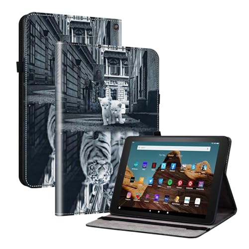 Mldjomid Hülle Kompatibel mit 10.1" Amazon Fire HD 10 (13. Generation, 2023) PU Leder Flip Tablet Schutzhülle mit Ständer Kartenschlitz Stifthalter Cover für Fire HD 10 13th Gen (Katzen- und Tiger) von Mldjomid