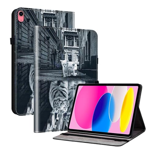 Mldjomid Hülle für iPad (A16) 11" (11. Generation 2025)/iPad 10,9" (10. Generation 2022) PU Leder Flip Tablet Schutzhülle mit Ständer Kartenschlitz Stifthalter Tablette Cover (Katzen- und Tiger) von Mldjomid