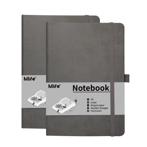 Mlife 2 Pack A5 Journal Notizbuch, 192 Seiten, Hardcover mit elastischem Verschlussband und Falttasche(Grau) von Mlife
