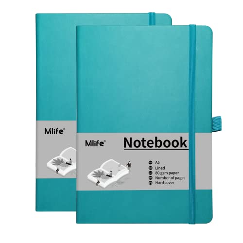 Mlife 2 Pack A5 Journal Notizbuch, 192 Seiten, Hardcover mit elastischem Verschlussband und Falttasche(Türkis) von Mlife