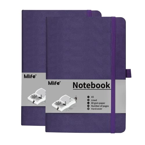 Mlife 2 Pack A5 Journal Notizbuch, 192 Seiten, Hardcover mit elastischem Verschlussband und Falttasche 2 pack (Lila) von Mlife