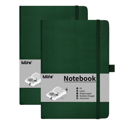 Mlife 2 pack A5 Journal Notizbuch, 192 Seiten, Hardcover mit elastischem Verschlussband und Falttasche (Grün) von Mlife