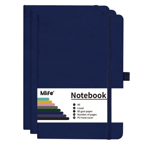 Mlife 3Pack A6 Klein Journal Notizbuch, 192 Seiten, A6 Notizbücher Mini Hardcover mit elastischem Verschlussband und Falttasche (Blau von Mlife