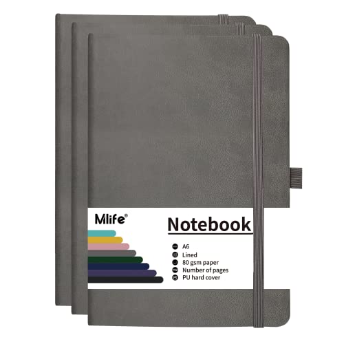 Mlife 3Pack A6 Klein Journal Notizbuch, 192 Seiten, A6 Notizbücher Mini Hardcover mit elastischem Verschlussband und Falttasche (Grau)… von Mlife