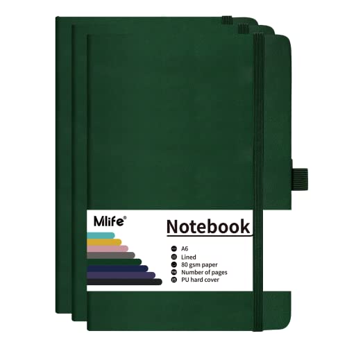 Mlife 3Pack A6 Klein Journal Notizbuch, 192 Seiten, A6 Notizbücher Mini Hardcover mit elastischem Verschlussband und Falttasche (Grün)… von Mlife