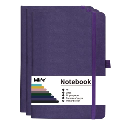 Mlife 3Pack A6 Klein Journal Notizbuch, 192 Seiten, A6 Notizbücher Mini Hardcover mit elastischem Verschlussband und Falttasche (Lila) von Mlife