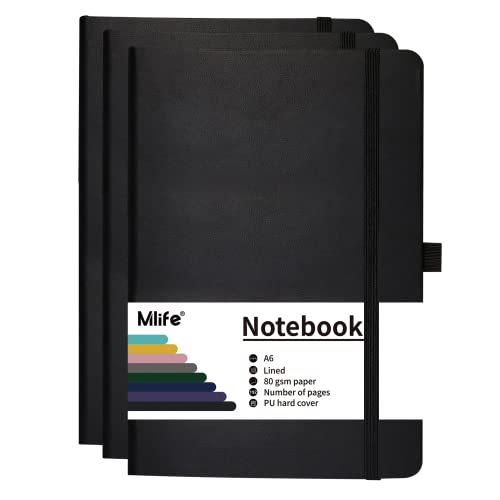 Mlife 3Pack A6 Klein Journal Notizbuch, 192 Seiten, A6 Notizbücher Mini Hardcover mit elastischem Verschlussband und Falttasche (Schwarz)… von Mlife