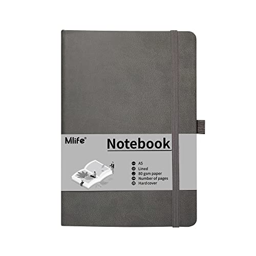 Mlife A5 Journal Notizbuch, 192 Seiten, Hardcover mit elastischem Verschlussband und Falttasche(Grau) von Mlife