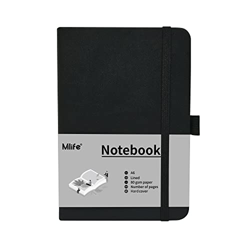 Mlife A6 Klein Journal Notizbuch, 192 Seiten, A6 Notizbücher Mini Hardcover mit elastischem Verschlussband und Falttasche (Schwarz) von Mlife