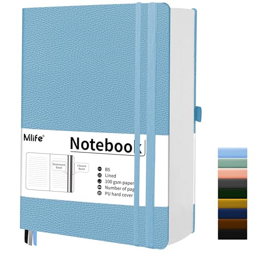 Mlife Notizbuch B5 Liniert,360 Seiten Und 100g/M² Tintenfestes Papier,PU Hard Cover Notebook,Hardcover Collegebloc,Tagebuch für Erwachsene,Notizbücher Mit Falttasche für Bullet Journal(Hellblau) von Mlife