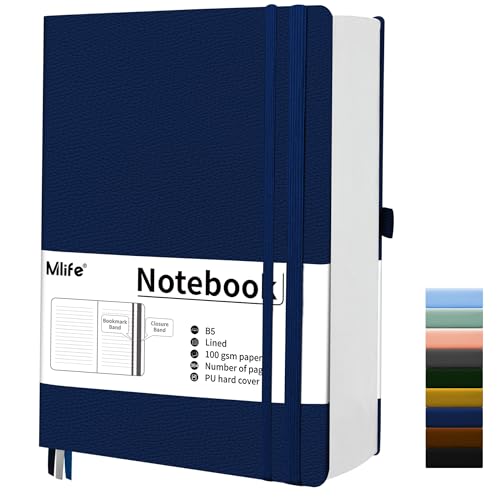 Mlife Notizbuch B5 Liniert,360 Seiten Und 100g/M² Tintenfestes Papier,PU Hard Cover Notebook,Hardcover Collegebloc,Tagebuch für Erwachsene,Notizbücher Mit Falttasche für Bullet Journal&Journals(Blau) von Mlife