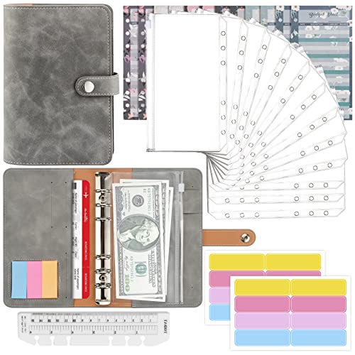 Mlife Ringbuch,Budget Planner - 26pcs Leder Notizbuch Ordner mit Klar Plastik Binderumschlägen,Budgetblätter,Etikettenaufklebern,Geld Aufbewahrung ​Sparbuch für Reisen und Tagebuch (Grau) von Mlife