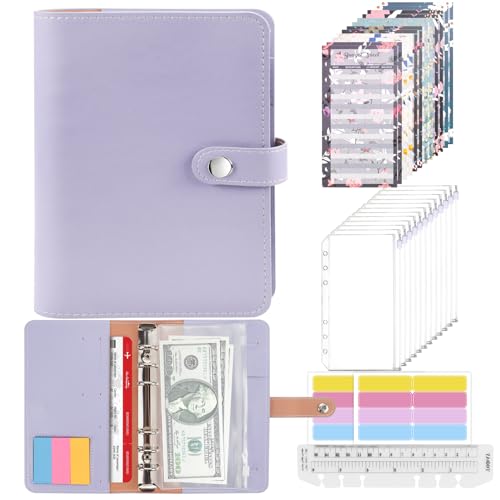 Mlife Ringbuch,Budget Planner - 26pcs Leder Notizbuch Ordner mit Klar Plastik Binderumschlägen,Budgetblätter,Etikettenaufklebern,Geld Aufbewahrung ​Sparbuch für Reisen und Tagebuch (Violett) von Mlife