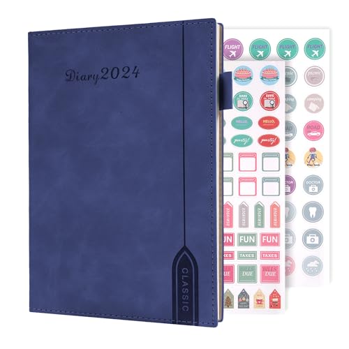 Terminplaner 2024 – A5 Tagebuch 2024 Seite pro Tag, Agenda A5, Wochenansicht, Tagesplaner mit Aufklebern, Stifthalter, Rückentasche (A5, blau) von Mljtoyo