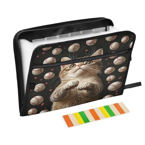 Fächermappe mit 13 Fächern, Motiv: Baseball-Katze, Katze, Katze, mit Fronttasche, tragbar, Business-Aktenaufbewahrung, Dokumenten-Organizer, Ordner mit Reißverschluss Fächermappe mit 13 Fächern, Motiv: Baseball-Katze, Katze, Katze, mit Fronttasche, tragbar, Business-Aktenaufbewahrung, Dokumenten-Organizer, Ordner mit Reißverschluss von Mnsruu