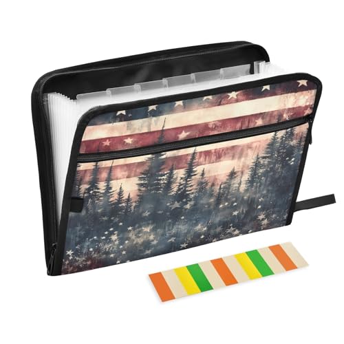 Fächermappe mit amerikanischer Flagge, Wald, 13 Fächer, Fächermappe mit Vordertasche, tragbare Business-Aktenaufbewahrung, Dokumenten-Organizer, Ordner mit Reißverschluss von Mnsruu