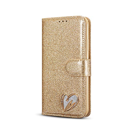 Mo-Somnus Kompatibel mit iPhone 11 Hülle (6,1 Zoll) + Schutzfolie, Bling Glitter Leder Handyhülle Tasche Schutzhülle Brieftasche Klapphülle Ständer und Kartensteckplätze Hülle (Gold) von Mo-Somnus