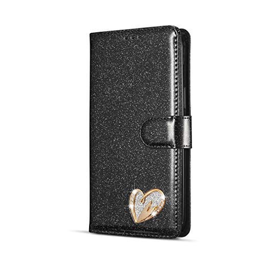 Mo-Somnus Kompatibel mit iPhone 12/12 Pro Hülle (6,1 Zoll) + Schutzfolie, Bling Glitter Leder Handyhülle Tasche Schutzhülle Brieftasche Klapphülle Ständer und Kartensteckplätze Hülle (Schwarz) von Mo-Somnus