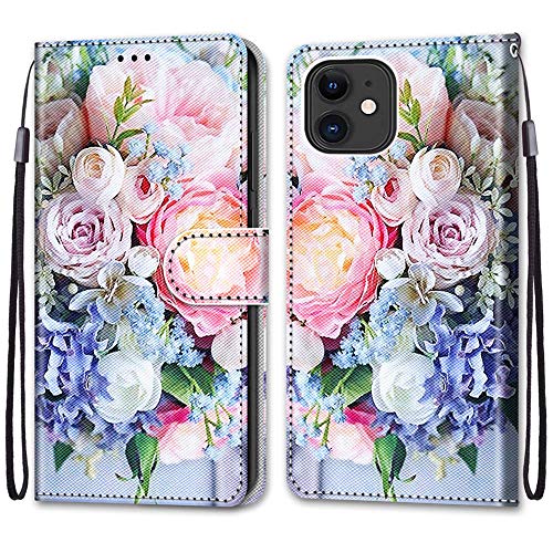 Mo-Somnus Kompatibel mit iPhone 12 Mini Hülle (5,4 Zoll), Leder Handyhülle mit Kartenfach PU Ledertasche TPU Bumper Wallet Flip Brieftasche Magnetische Schutzhülle Case Etui (Blume 3) von Mo-Somnus