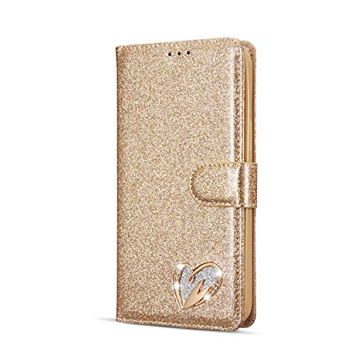 Mo-Somnus Kompatibel mit iPhone 12 Mini Hülle (5,4 Zoll) + Schutzfolie, Bling Glitter Leder Handyhülle Tasche Schutzhülle Brieftasche Klapphülle Ständer und Kartensteckplätze Hülle (Gold) von Mo-Somnus
