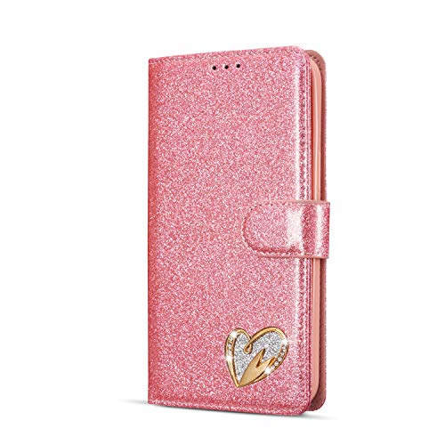 Mo-Somnus Kompatibel mit iPhone 12 Mini Hülle (5,4 Zoll) + Schutzfolie, Bling Glitter Leder Handyhülle Tasche Schutzhülle Brieftasche Klapphülle Ständer und Kartensteckplätze Hülle (Rosa) von Mo-Somnus