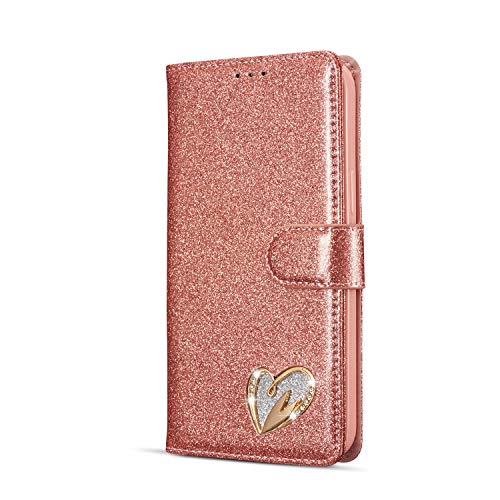 Mo-Somnus Kompatibel mit iPhone 12 Mini Hülle (5,4 Zoll) + Schutzfolie, Bling Glitter Leder Handyhülle Tasche Schutzhülle Brieftasche Klapphülle Ständer und Kartensteckplätze Hülle (Roségold) von Mo-Somnus