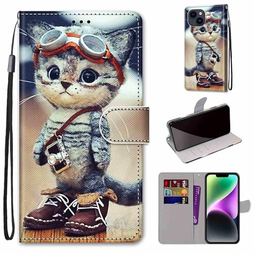Mo-Somnus Kompatibel mit iPhone 15 (6,1 Zoll) Hülle, Leder Handyhülle mit Kartenfach Geld Slot Ständer PU Ledertasche TPU Wallet Flip Brieftasche Magnetische Schutzhülle (Katze 1) von Mo-Somnus