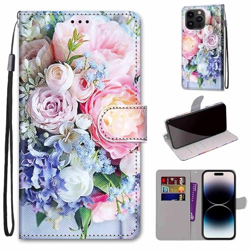 Mo-Somnus Kompatibel mit iPhone 15 Pro (6,1 Zoll) Hülle, Leder Handyhülle mit Kartenfach Geld Slot Ständer PU Ledertasche TPU Wallet Flip Brieftasche Magnetische Schutzhülle (Blume 3) von Mo-Somnus