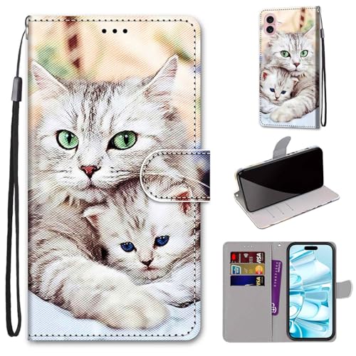 Mo-Somnus Kompatibel mit iPhone 16 (6.1") Hülle, Leder Handyhülle mit Kartenfach Geld Slot Ständer PU Ledertasche TPU Wallet Flip Brieftasche Magnetische Schutzhülle (Katze 2) von Mo-Somnus