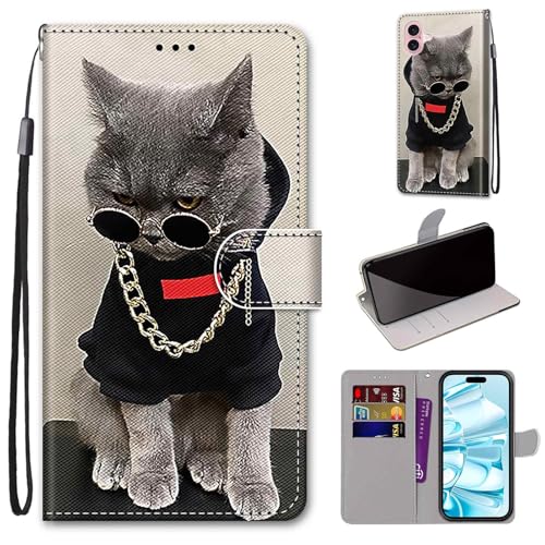 Mo-Somnus Kompatibel mit iPhone 16 (6.1") Hülle, Leder Handyhülle mit Kartenfach Geld Slot Ständer PU Ledertasche TPU Wallet Flip Brieftasche Magnetische Schutzhülle (Katze 3) von Mo-Somnus