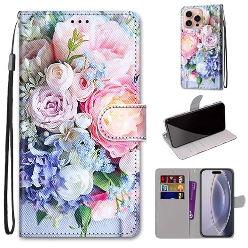 Mo-Somnus Kompatibel mit iPhone 16 Pro (6.1") Hülle, Leder Handyhülle mit Kartenfach Geld Slot Ständer PU Ledertasche TPU Wallet Flip Brieftasche Magnetische Schutzhülle (Blume 3) von Mo-Somnus