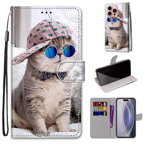 Mo-Somnus Kompatibel mit iPhone 16 Pro (6.1") Hülle, Leder Handyhülle mit Kartenfach Geld Slot Ständer PU Ledertasche TPU Wallet Flip Brieftasche Magnetische Schutzhülle (Katze 4) von Mo-Somnus