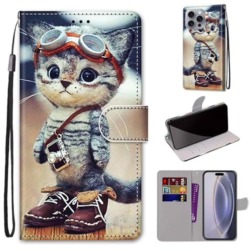Mo-Somnus Kompatibel mit iPhone 16 Pro Max (6.7") Hülle, Leder Handyhülle mit Kartenfach Geld Slot Ständer PU Ledertasche TPU Wallet Flip Brieftasche Magnetische Schutzhülle (Katze 1) von Mo-Somnus