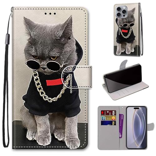Mo-Somnus Kompatibel mit iPhone 16 Pro Max (6.7") Hülle, Leder Handyhülle mit Kartenfach Geld Slot Ständer PU Ledertasche TPU Wallet Flip Brieftasche Magnetische Schutzhülle (Katze 3) von Mo-Somnus