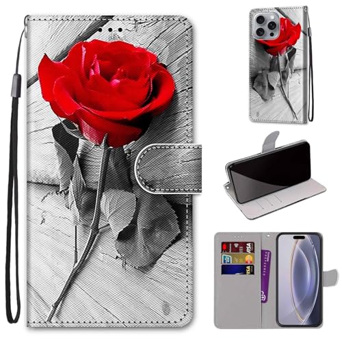 Mo-Somnus Kompatibel mit iPhone 16 Pro Max (6.7") Hülle, Leder Handyhülle mit Kartenfach Geld Slot Ständer PU Ledertasche TPU Wallet Flip Brieftasche Magnetische Schutzhülle (Rose) von Mo-Somnus